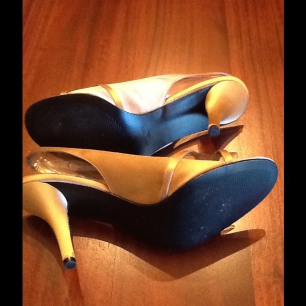 Nine West satin, sling back, tan/copper-ish heels
